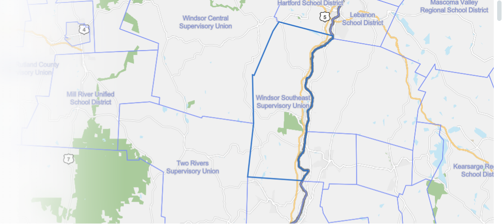 Map of the four towns of Windsor Southeast Supervisory Union: Hartland, Windsor, West Windsor and Weathersfield